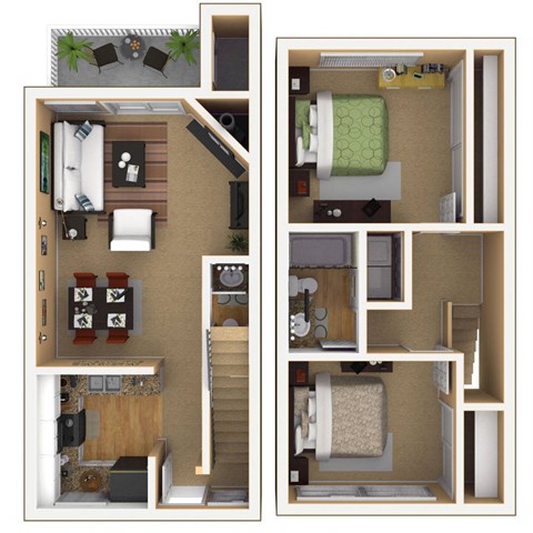 Floor plan for 2 beds, 1.5 baths, 993 sqft